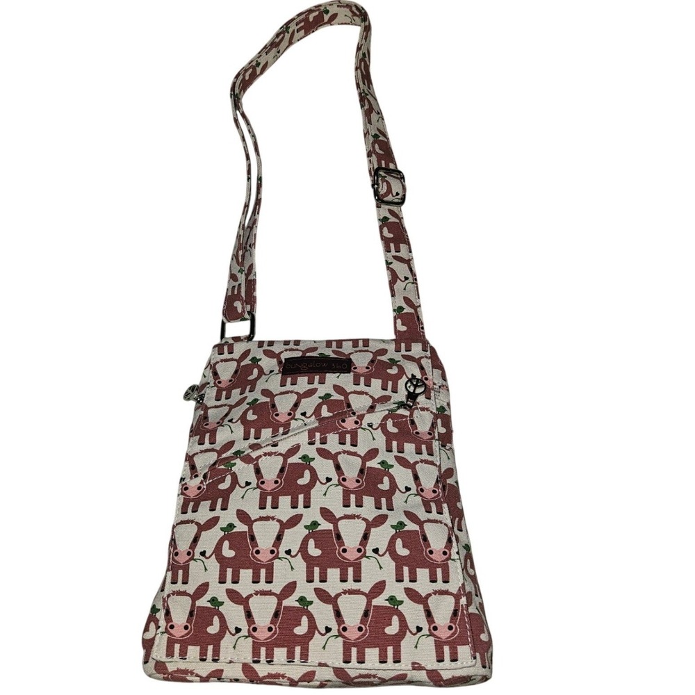Bungalow 360 Cow Print Canvas Crossbody Messenger Bag Green Polka Dot Lining